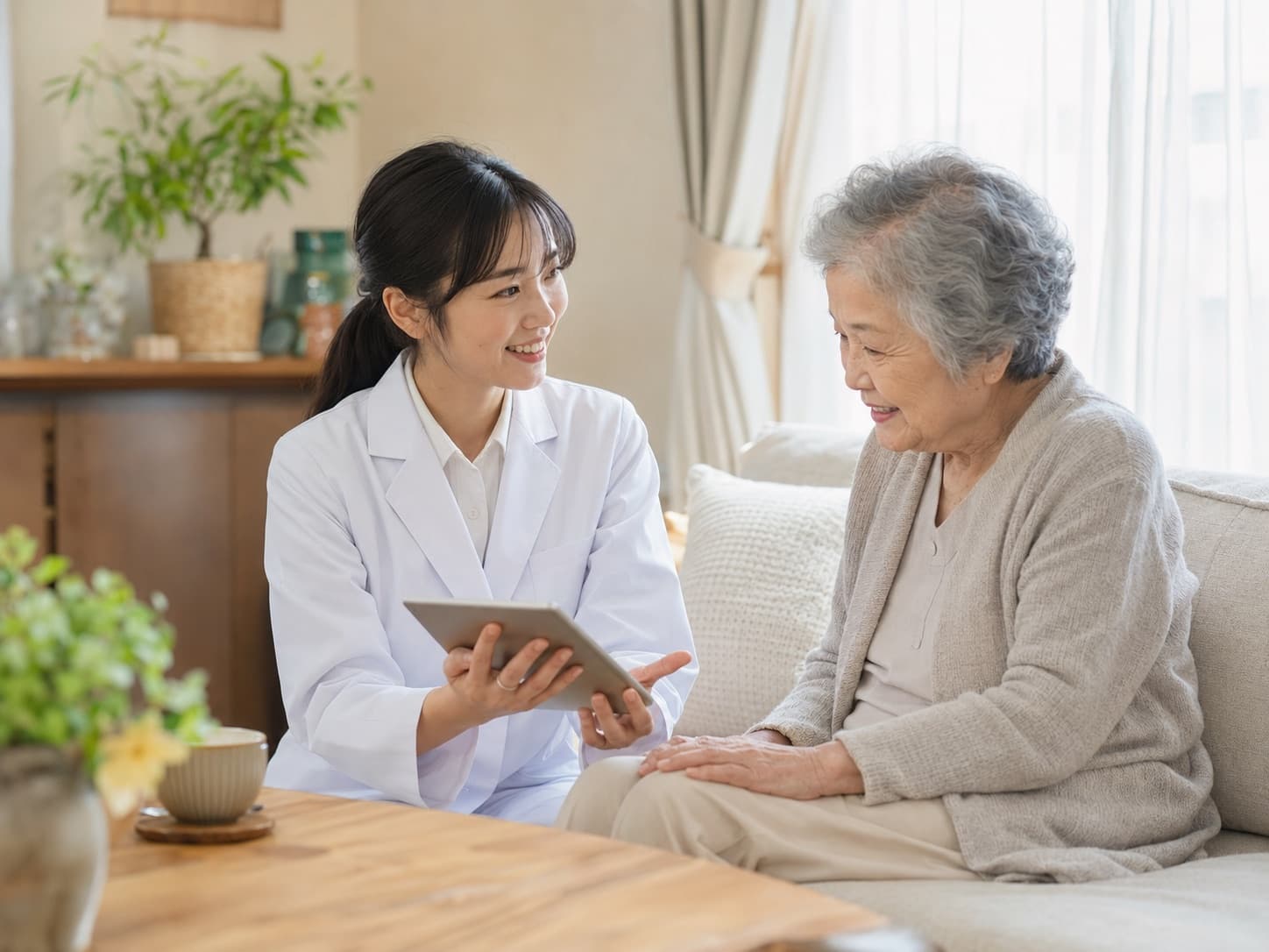 在宅訪問で患者さまと話す薬剤師